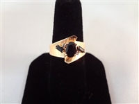 14K Gold Ring (3) Oval Sapphires 7x5mm (2) Diamond Chips Size 7.75