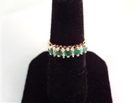 14K Gold Ring (5) Round Emeralds 2mm, (8) Diamond Chips Ring Size 6.75