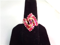 14K Gold Ring (1) Marquise Cut Ruby, (23) Ruby Baguettes, (4) Diamond Chips Ring Size 7.5