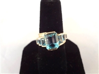 14K Gold Ring (7) Emerald Cut Blue Sapphires Half Bezel Setting Ring Size 6.75