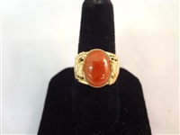 14K Gold Oval Red Jade Cabochon Cocktail Ring Dragon Pierce Carved Band Ring Size 8