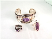 Dominique Dinouart Mexican Sterling Silver Amethyst Cuff Bracelet and Rings Set