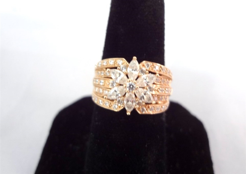 14K Gold Ring Wide Band (6) Marquise CZ, (7) Round CZ, (38) Round CZ Chips Ring Size 7