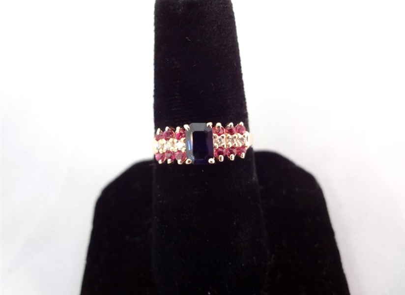 14K Gold Ring (1) Sapphire, (12) Rubies, (6) Diamonds Ring Size 6.5