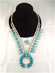 Clarence Bailon Santo Domingo Kingman Squash Blossom Sterling Turquoise Necklace and Earring Set