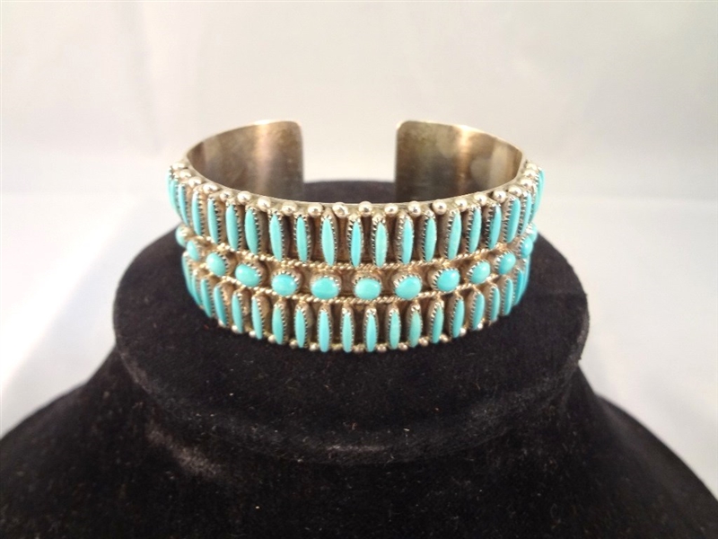 M.D. Besselente Zuni Needlepoint Sterling and Turquoise Cuff Bracelet