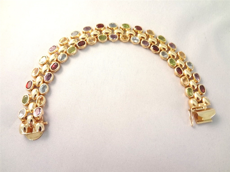 14K Gold Tennis Bracelet Multi Stone (40) Garnet, Citrine, Peridot, Topaz, Amethyst 6x4mm