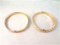 (2) 14K Gold Bangle Bracelet: Etched Design, and Small Colored Gemstones .58 Troy Ounces