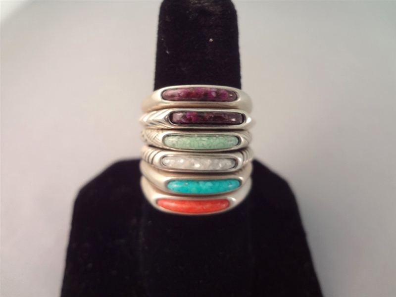 (6) carolyn Pollack Relios Sterling Silver Inlay Stone Stackable Rings TW .51 Troy Ounces