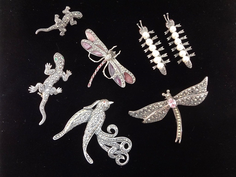 (7) Sterling Silver Enameled Art Deco Style Animal/Insect Brooches