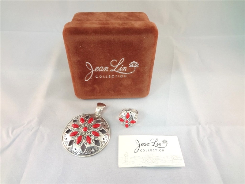 Jean Lin Red Coral Sterling Silver Pendant and Ring Matching Set Original Box