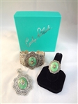 Carolyn Pollack Sleeping Beauty Cuff, Ring, Pendant Suite Center Green Turquoise, Peridot