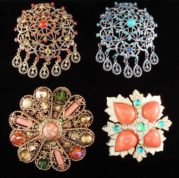 Joan Rivers (4) Large Chunky Oversize Floral Brooches: Enameled, Rhinestones