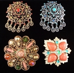 Joan Rivers (4) Large Chunky Oversize Floral Brooches: Enameled, Rhinestones