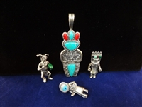Carolyn Pollack (4) Kachina Doll Pendants Sterling Silver Turquoise
