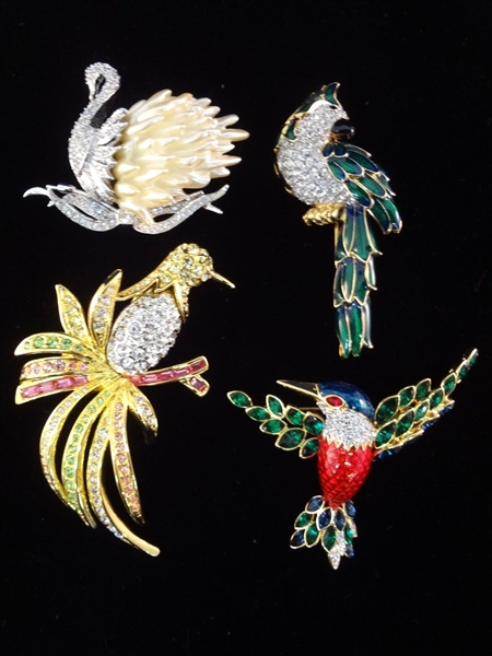 Nolan Miller Vintage (4) Oversize Bird Brooches: Hummingbird, Cockatoo, Swan, Bird of Paradise