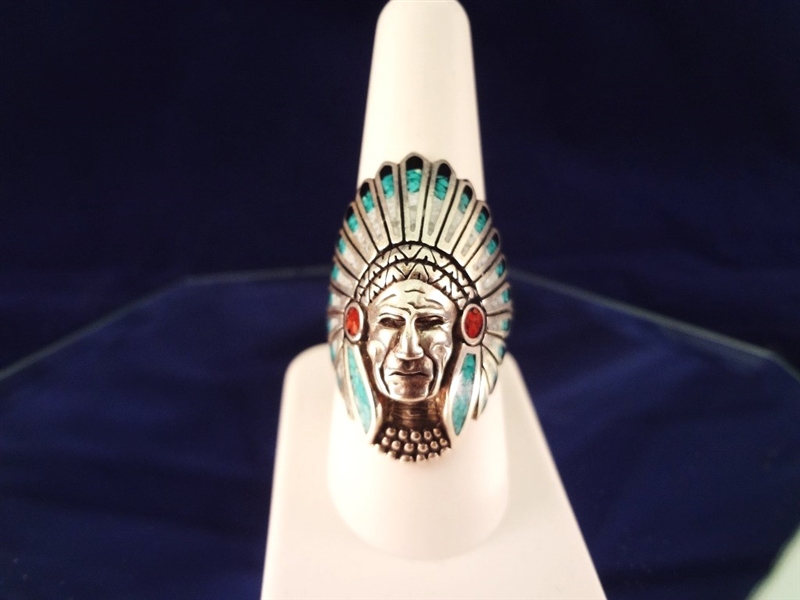 Sterling Silver Turquoise Indian Head Ring Size 9