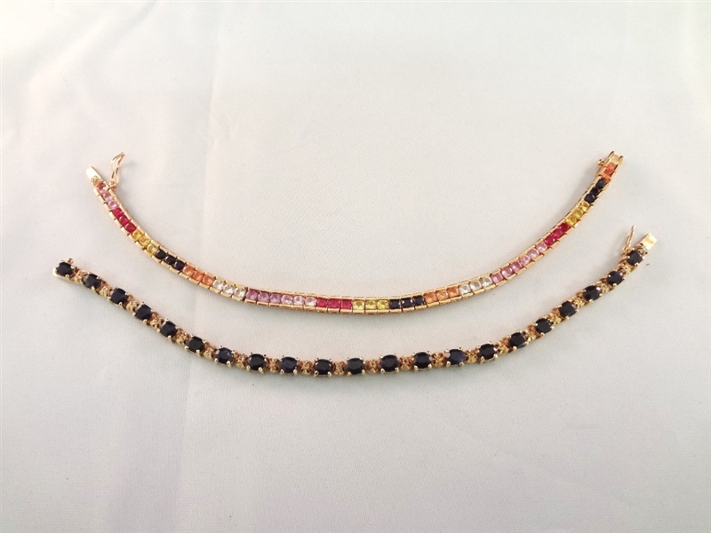 (2) Gold Plated Sterling Silver Tennis Bracelets; Sapphires, Rubies