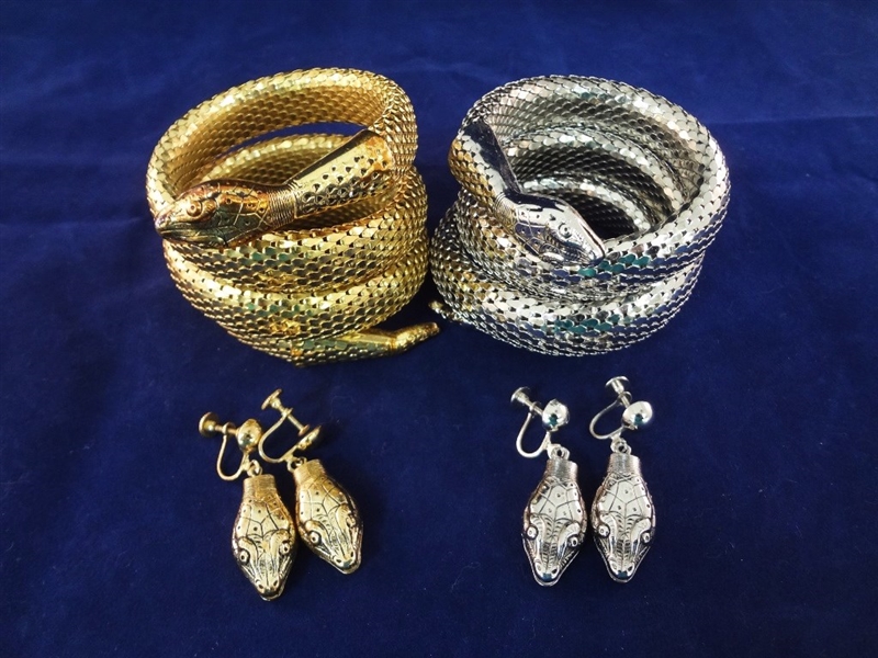 Whiting and Davis Three Coil Silver and Gold Tone Snake Bracelet and Earring Sets