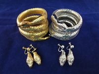 Whiting and Davis Three Coil Silver and Gold Tone Snake Bracelet and Earring Sets