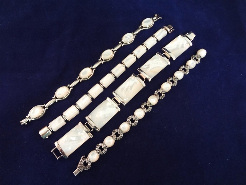 (4) Sterling Silver Mother of Pearl Cabochon Bracelets