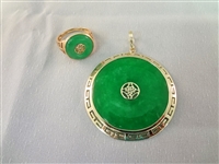 14K Gold Wrapped Dark Green Jade Pendant and Ring Set