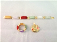14K Gold and Multi Color Jade Double Tube Bracelet, Ring and Pendant