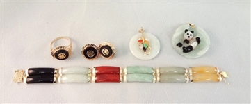 14K Gold and Multi Color Jade Jewelry Suite: Bracelet, (2) Pendants, Earrings, Ring