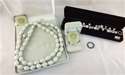 Sterling Silver and Jade Jewelry Suite: Necklace, Bracelet, (2) Rings