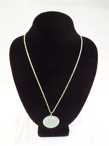 14K Gold Green Apple Jade Necklace and Pendant 32" long