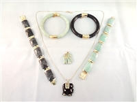 14K Gold Jade Jewelry Suite: Necklace, (2) Pendants, (4) Bracelets