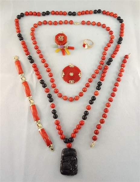 14K Gold and Red Coral Jade Jewelry Suite: (2) Necklaces, (2) Bracelets, (2) Pendants, (1) Ring 