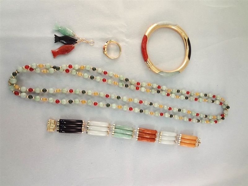 14K Gold and Multi Color Jade Jewelry Suite: Necklace, (2) Bracelets, (1) 18K gold Ring, (1) Pendant