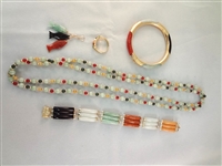 14K Gold and Multi Color Jade Jewelry Suite: Necklace, (2) Bracelets, (1) 18K gold Ring, (1) Pendant