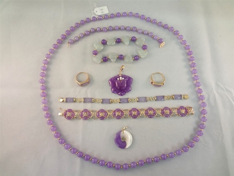 14K Gold and Lavender Jade Jewelry Suite: (1) Necklace (2) Rings, (4) Bracelets, (2) Pendants