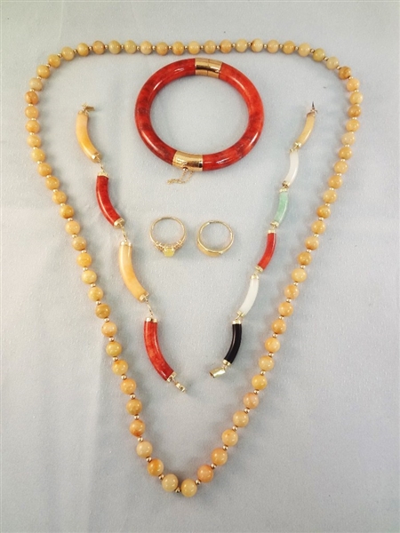 14K Gold and Multi Color Jade Jewelry Suite: (1) Necklace, (3) Bracelets, (2) Rings