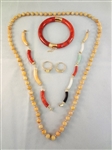 14K Gold and Multi Color Jade Jewelry Suite: (1) Necklace, (3) Bracelets, (2) Rings