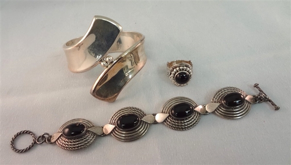 ATI Mexican Sterling Silver Jewelry Group: (2) Bracelets, (1) Ring