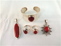 CII Mexican Sterling Silver Group with Red Carnelian Cabochons 