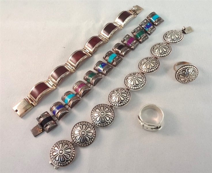 CII Mexican Sterling Silver Jewelry Group: (3) Bracelets (2) Rings