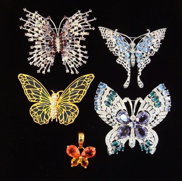 (4) Nolan Miller Oversize Enamel & Rhinestone Butterfly Brooches and (1) Pendant