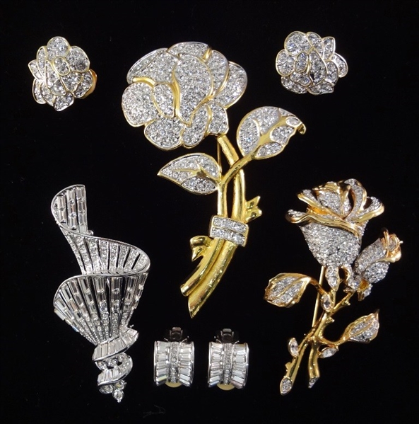 (3) Nolan Miller Pave Crystal Oversize Floral Brooch and Earring Sets