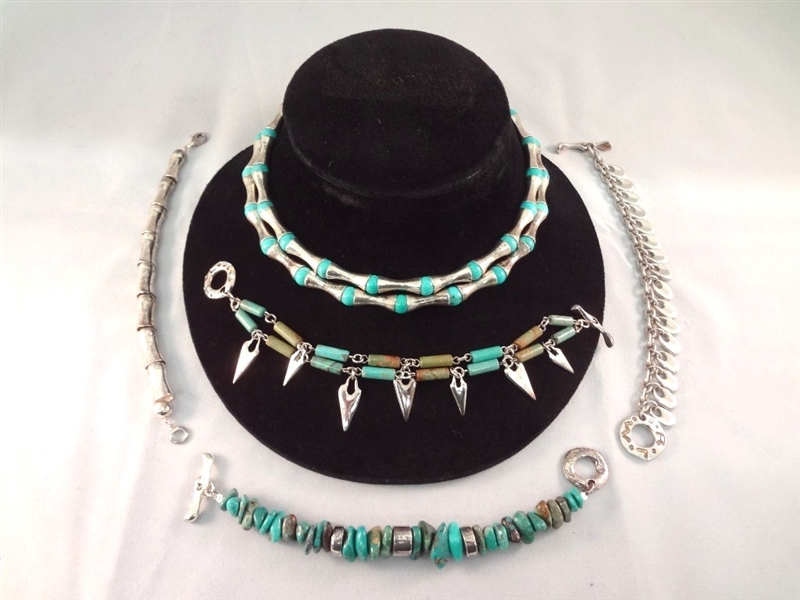 (4) Robert Lee Morris Sterling Silver Bracelets (2) Sterling and Turquoise Necklace