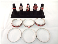 Southwest Sterling Silver Bracelet and Ring Lot (6) bracelets (5) Rings Red Coral 