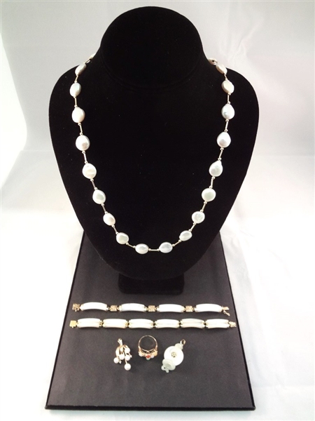 14K Gold and White Jade Jewelry Suite (1) MOP Necklace, (2) Pendants, (2) Bracelets, (1) Ring