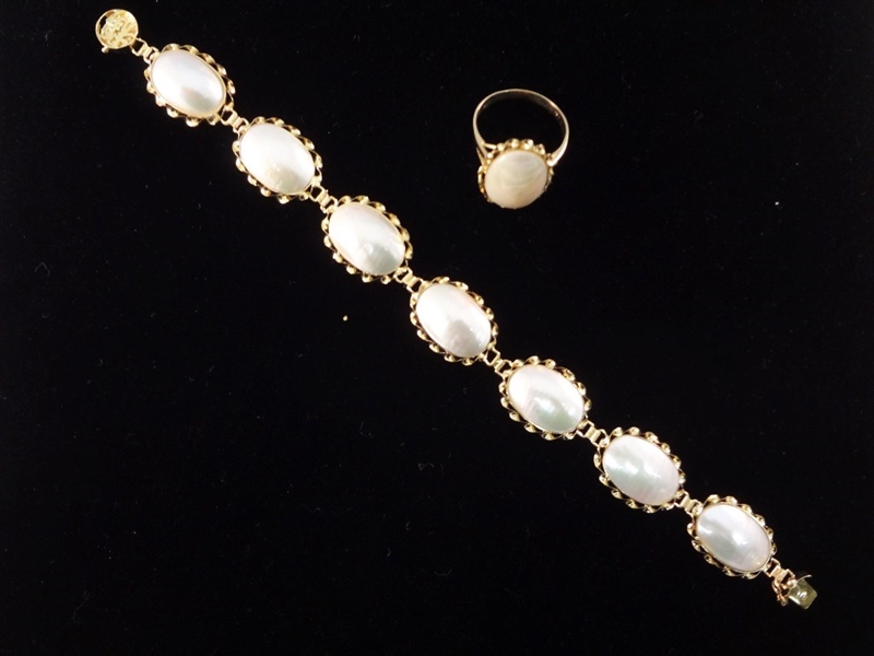 14K Gold Mother of Pearl Bracelet and Ring Set