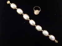 14K Gold Mother of Pearl Bracelet and Ring Set