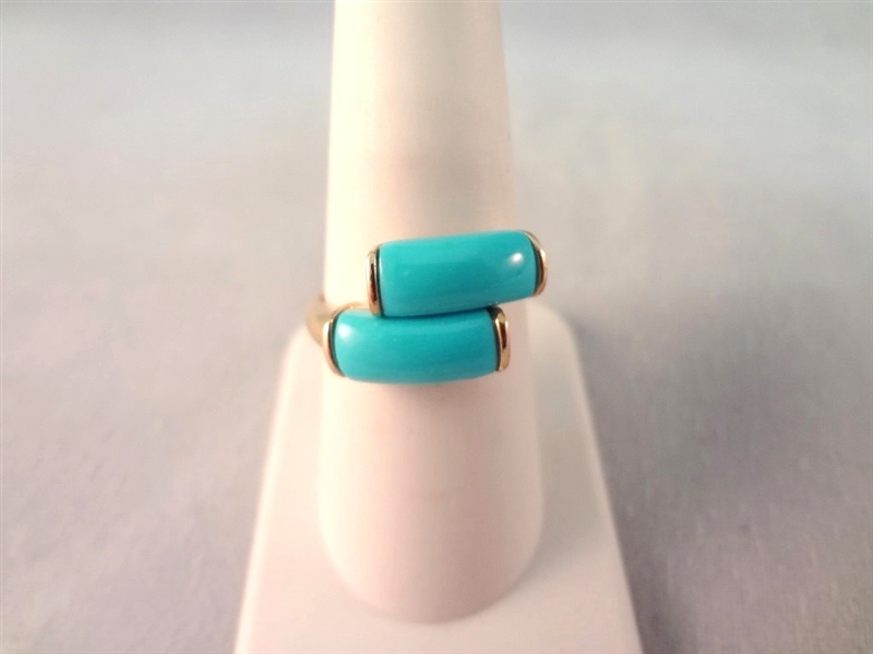 14K Gold Ring Double Turquoise Color Tube Stones Ring Size 8