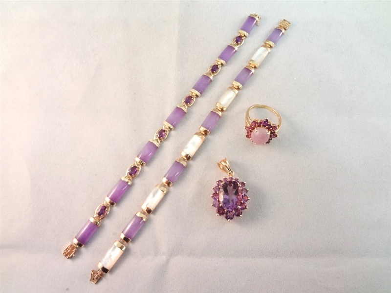 14K Gold and Lavender Amethyst Jade Jewelry Suite: Pendant, (2) Bracelets, Ring