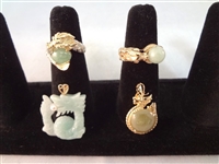 14K Gold and Green Apple Jade Dragon Theme Jewelry (2) Pendants, (2) Rings